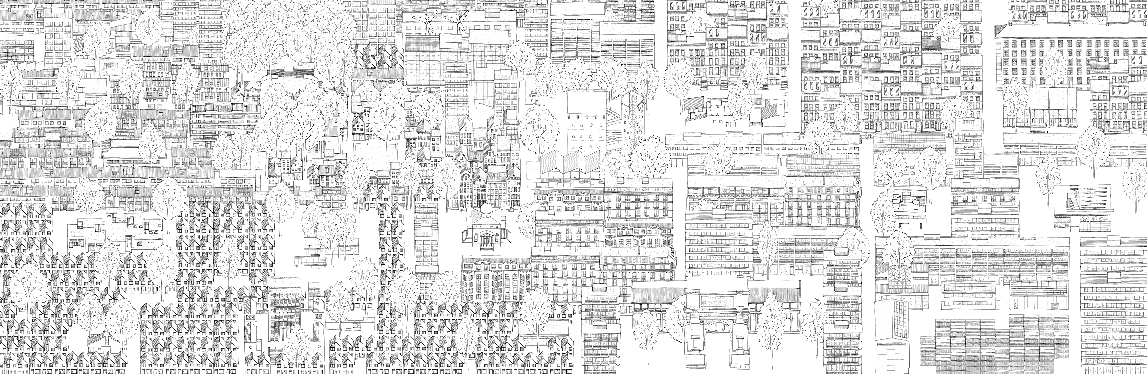 The background of this site is a black-and-white hand drawing. It consist of multiple buildings, public spaces, greenery, suggesting a city.